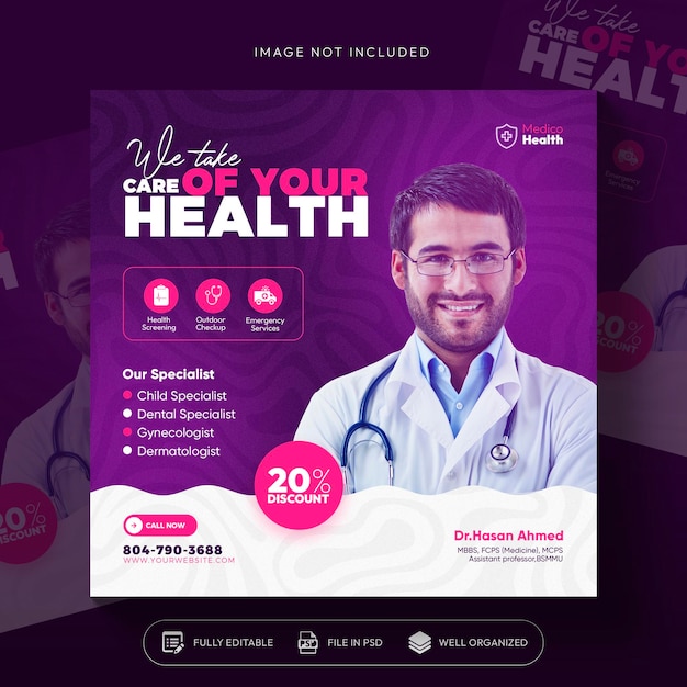 Healthcare prevention banner or square flyer with doctor theme for social media post template