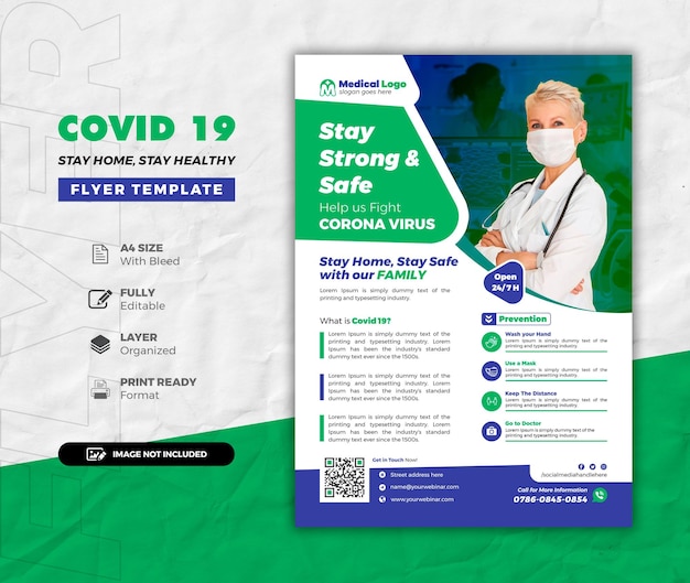 Healthcare prevention medical creative flyer design or covid 19 stay safe vaccination program flyer