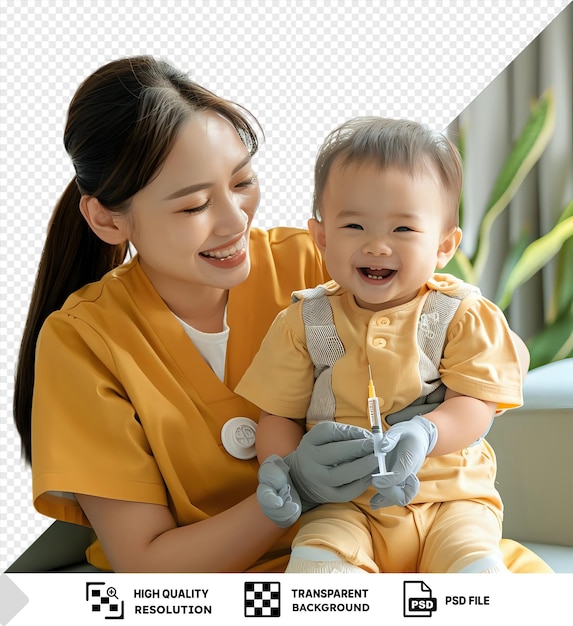 PSD healthcare professional injecting a baby on the couch while wearing yellow pants and a gray glove with the babys open mouth and brown hair visible and the professionals png