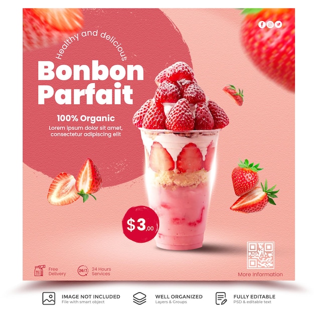 건강하고 맛있는 파르페 음료 메뉴 홍보 소셜 미디어 게시물 템플릿