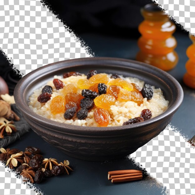 PSD healthy breakfast bowl of oatmeal porridge with dried apricot raisins and honey on dark transparent background