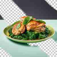 PSD Здоровое блюдо с курицей и шпинатом на тарелке с зеленой салфеткой