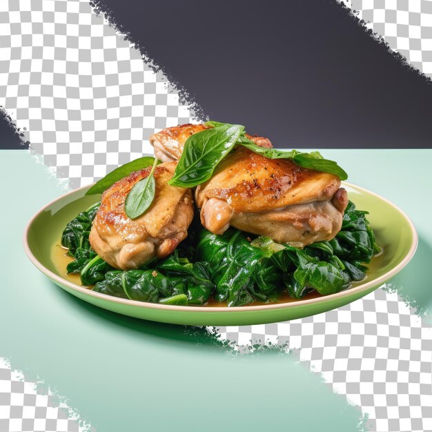 PSD healthy chicken and spinach dish on a plate with a green napkin