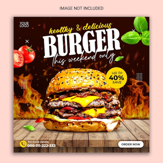 Healthy and delicious burger and food menu social media post design.