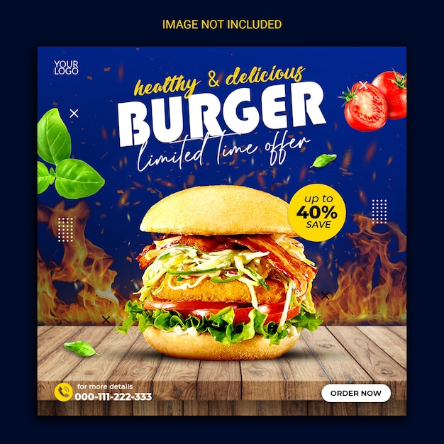 healthy and delicious burger and food menu social media template design.