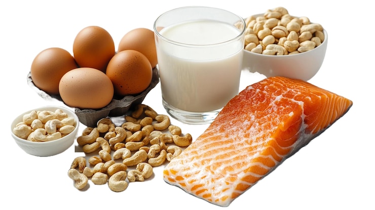 Healthy Food Assortment Salmon Milk Eggs and Cashews on Transparent Background