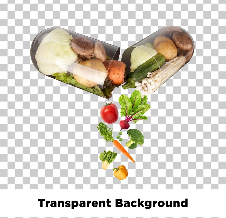 PSD healthy food capsule with various fresh vegetables for well-being