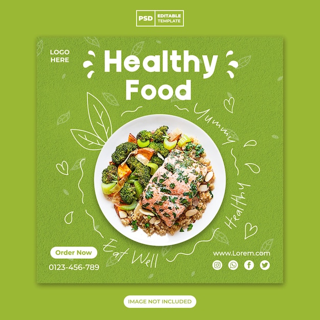 Modello di banner instagram di promozione sui social media del menu di cibo sano