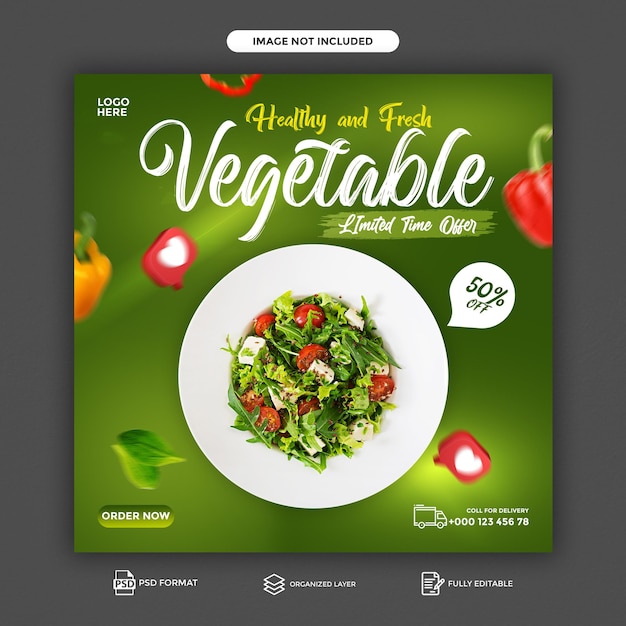 PSD menu di cibo sano social media vegetali e modello di banner post instagram