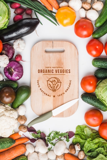 PSD healthy food mockup with wooden board