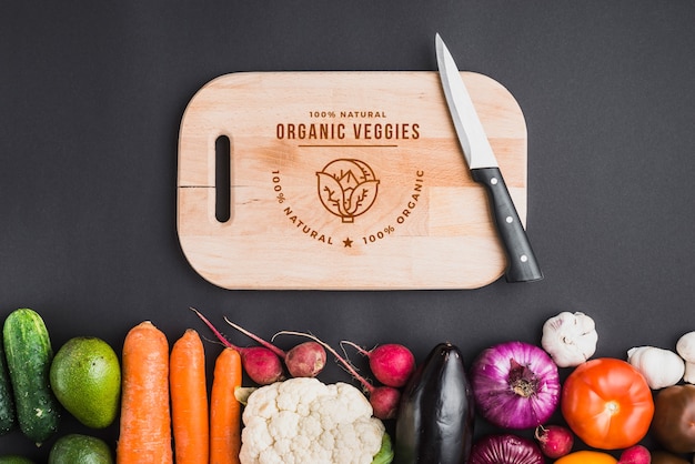 PSD healthy food mockup with wooden board