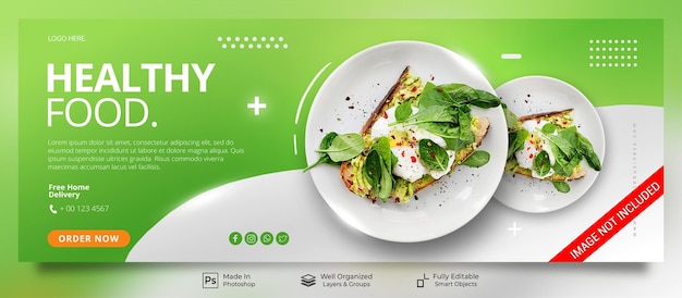 Cibo sano nuovo menu stile minimalista con modello di banner di copertina facebook post di colore bianco verde