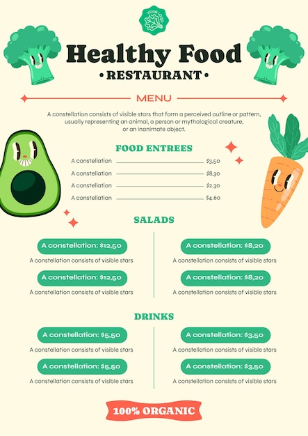 Healthy Food Restaurant Menu Featuring Entrees Salads and Drinks