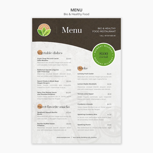 PSD modello di menu del ristorante cibo sano