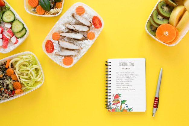 Healthy food with notebook mock-up