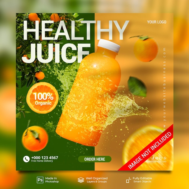 Menu di bevande a base di succo d'arancia sano speciale per il modello di banner di feed post instagram di social media promozionali