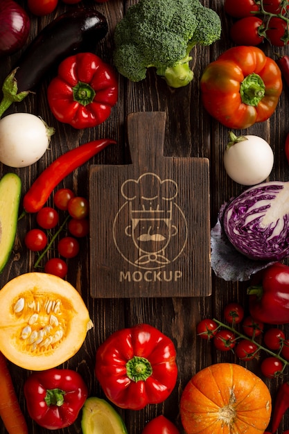 PSD healthy organic vegetables with mock-up wooden board