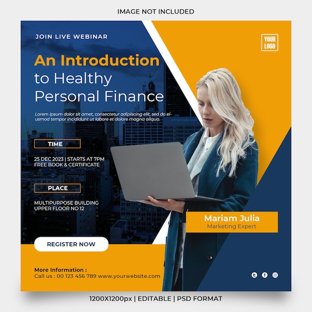 Healthy personal finance introductory webinar design banner or social media post template design