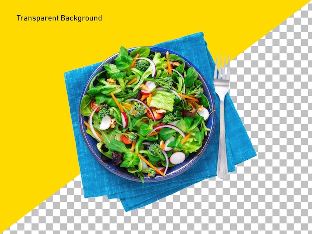 PSD a healthy salad plate and fork on blue tablecloth on transparant background