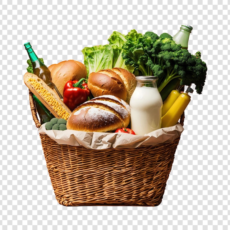 PSD healthy vegetable and fruits busket in transparent background