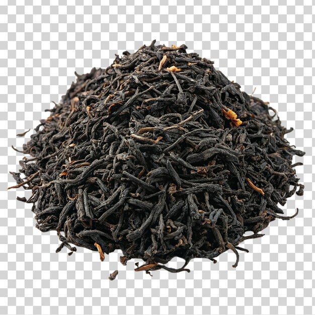 PSD heap of dry black tea leaves isolated on transparent background