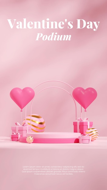 PSD 심장 풍선, 아치 및 giftbox 렌더링 3d 빈 모형 분홍색 실린더 원형 연단 초상화