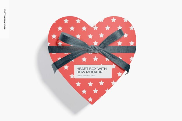 PSD heart box with bow mockup, top view