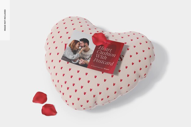 Heart cushion with a5 postcard mockup,high angle view