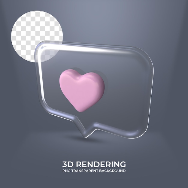 PSD icona del cuore con cornice in vetro rendering 3d