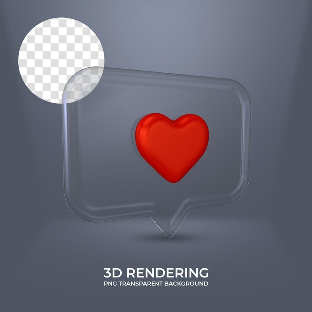 PSD icona del cuore con cornice in vetro rendering 3d