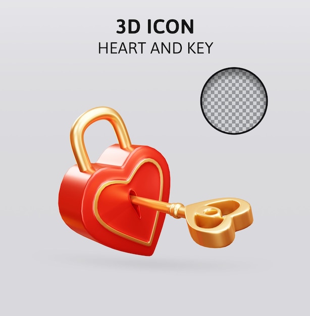 PSD illustrazione del rendering 3d del cuore e della chiave