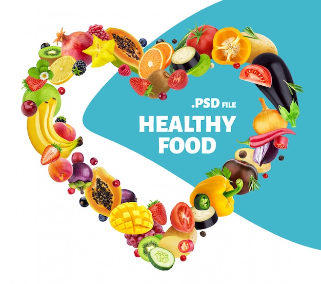 PSD heart made of different fruits, berries and vegetables