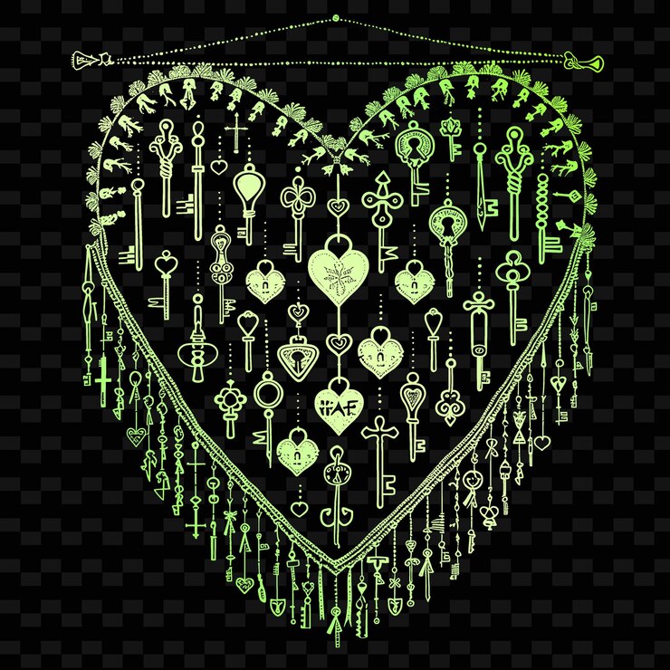 PSD a heart made of keys and a green heart with a green heart on it
