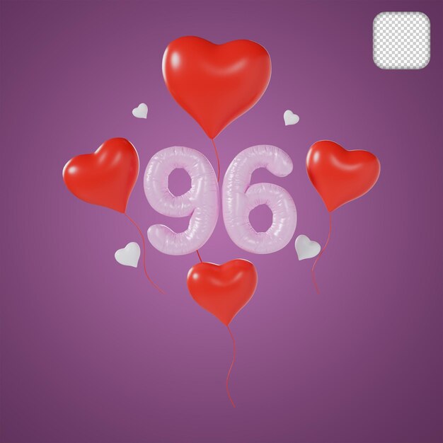 PSD heart number 96 valentine day anniversary 3d illustration