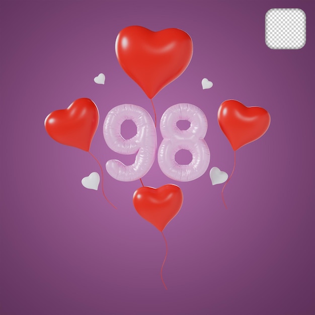 Heart number 98 valentine day anniversary 3d illustration