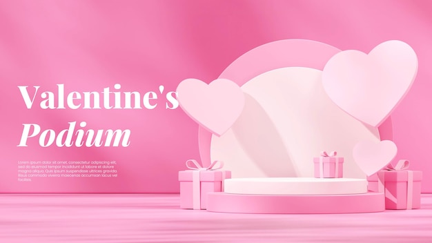 Форма сердца и подарочная коробка 3d изображение делают пустой макет белый и розовый подиум в пейзаже