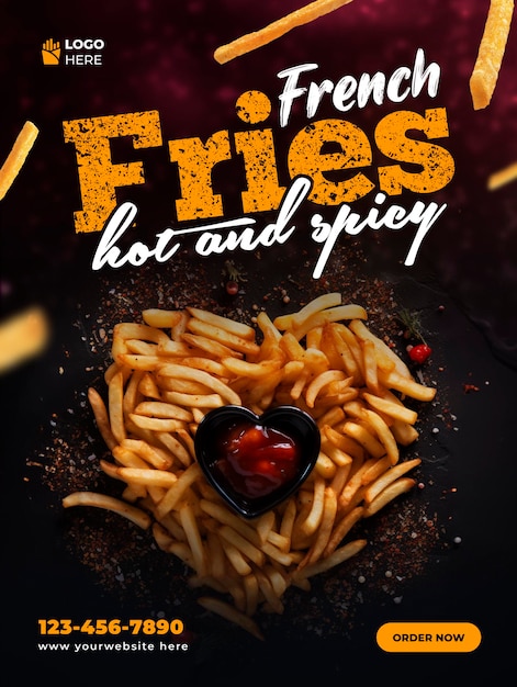 Heart shape of french fries social media post template design