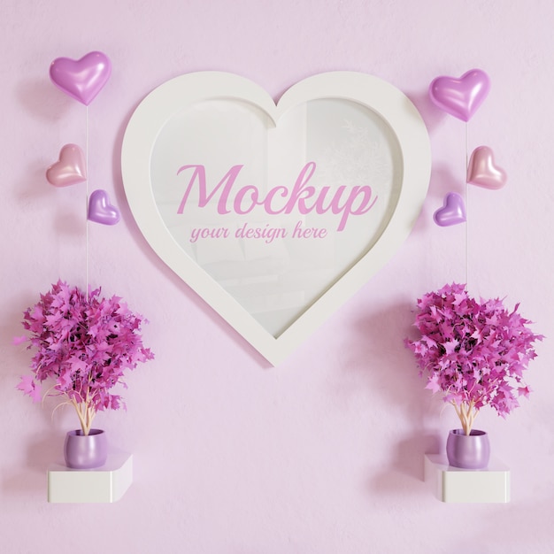 Heart shape white frame photo mockup on wall with plants decoration and heart shapes balloons