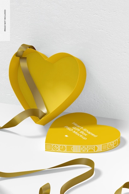 Heart-shaped gift box with paper ribbon mockup, opened