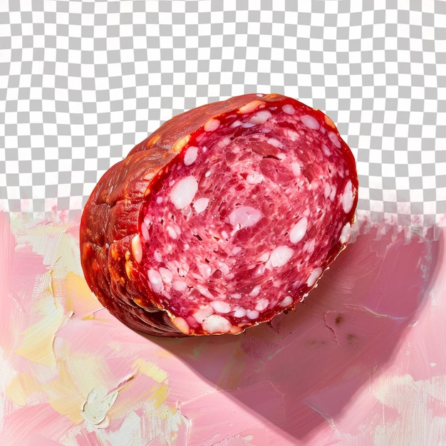 PSD un pezzo di carne a forma di cuore è su una superficie rosa