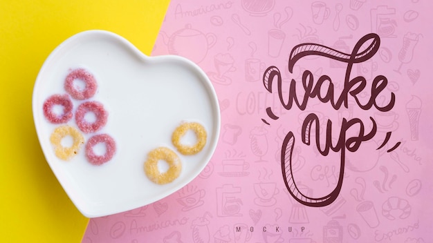 heart shaped plate with cereals with milk