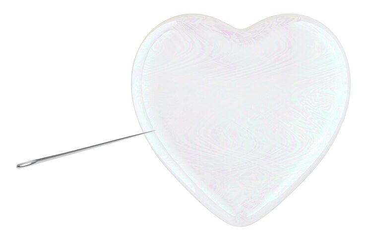 PSD heart shaped soap bubble with needle false love concept 3d rendering