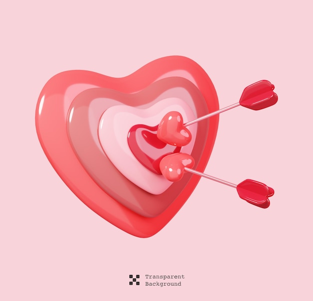 PSD obiettivo a forma di cuore con le frecce al centro isolate. icona di buon san valentino. rappresentazione 3d