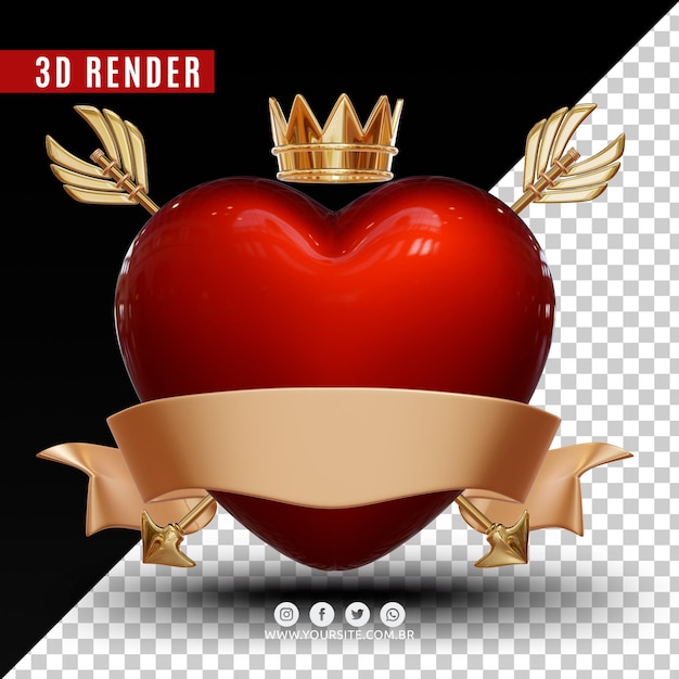 PSD heart with arrows and golden crown premium psd