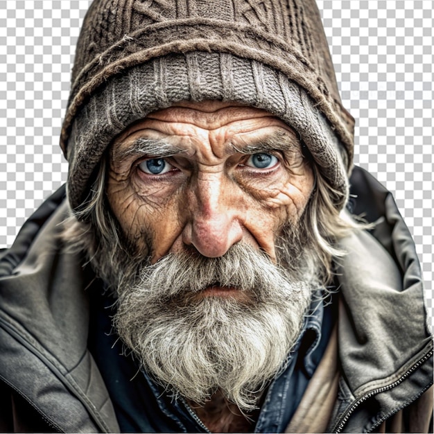 PSD uno sguardo sincero alla vita di un anziano senzatetto su uno sfondo trasparente