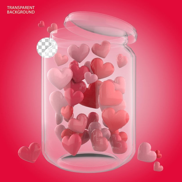 PSD hearts in jar isolated 3d rendered illustration