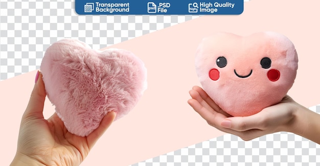 Un cuscino soffice a forma di cuore con un set di felici cuori di peluche di cartone animato in rosa