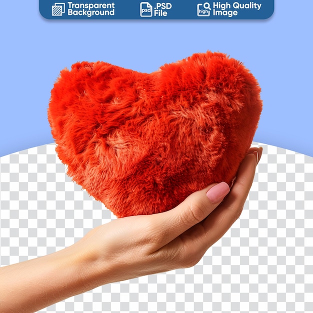 PSD heartshaped fluffy soft pillow in red plush held by a womans hand