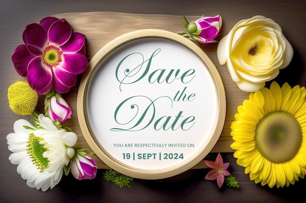 PSD heartshaped plate floral savethedate on wooden plank backgroundelegant plate with floral accents sav