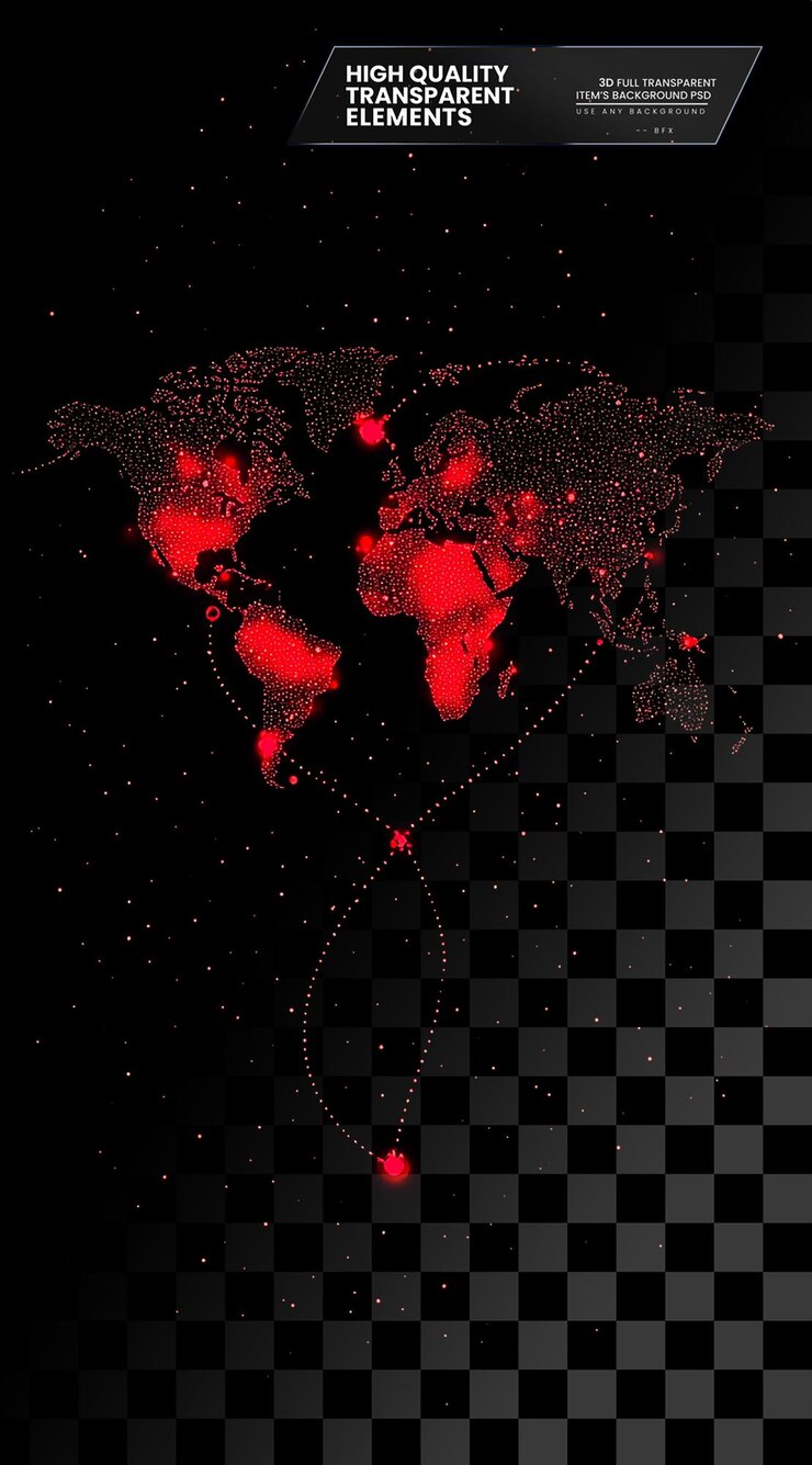 PSD heartshaped world map with dotted lines connecting on transparent background